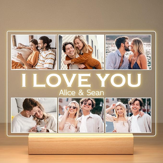 Personalized Picture Frame with Photo, Customized Photo Frame with Night Light, Custom Picture Frames, Personalized Anniversary Valentines Day Gifts for Women Men Her Him Girlfriend Boyfriend Couple