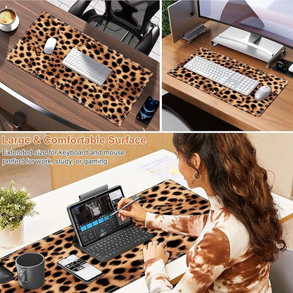 Heated Mouse Pad for Desk 31.5" x 13" – PU Leather Warm Desk Pad with 3 Heat Levels (104°F/113°F/122°F), Plug-in Electric Heating Mat with Auto Shut-Off, Waterproof & Rollable, Leopard Print