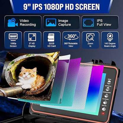 Sewer Camera Self-Leveling, 100ft Drain Camera with Meter Counter, 9-inch HD, Plumbing Cameras Snake with 12 LED Lights, 5100mAh Battery, IP68 & 32GB DVR Recording for Duct Sewer Line Pipe Inspection