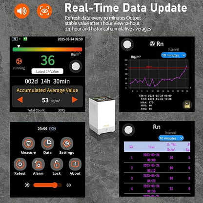 RM-73 Radon Detector, Home Radon Monitor with Touchscreen LCD Color Display, Radon Detector for Home Basement Audible & Visual Alarms, Historical Records, Long Term Monitoring Detector, pCi/L or Bq/m³