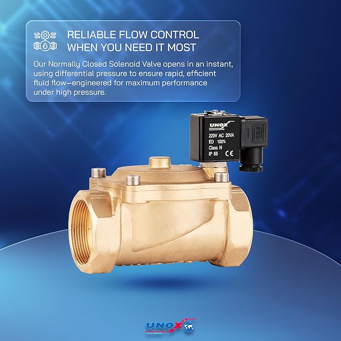 UNOX 2 inch NPT Solenoid Valve 220V AC, Brass Control Valve Normally Closed - 7-232 PSI Multi-Purpose Reliable Control Valve for Water, Air, and Gas - Solenoid Valves