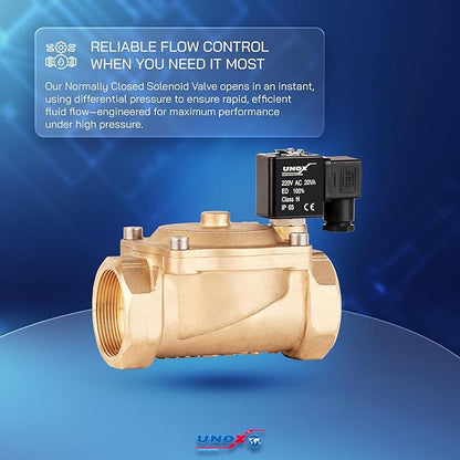 UNOX 2 inch NPT Solenoid Valve 220V AC, Brass Control Valve Normally Closed - 7-232 PSI Multi-Purpose Reliable Control Valve for Water, Air, and Gas - Solenoid Valves