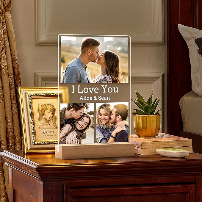 Custom Picture Frames with Photo, Personalized Photo Frame with Night Light, Customized Picture Frame, Personalized Anniversary Valentines Day Gifts for Women Men Her Him Girlfriend Boyfriend Couple