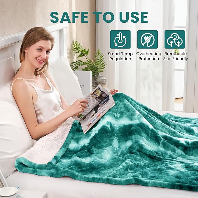 Electric Heated Blanket 62"x84", Luxury Green Twin Faux Rabbit Fur Electric Blanket, Fast Heating Soft Fluffy Thick Electric Blanket with 6 Heating Levels & 12H Auto Off