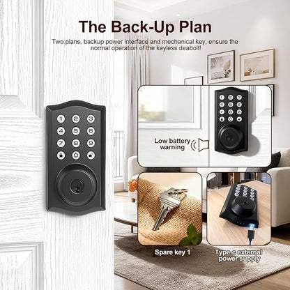Keyless Entry Door Lock with Keypad, Auto Lock, Voice Prompt, Smart Deadbolt Lock for Front Door with Key, Matte Black – Easy Installation, IP55 Waterproof