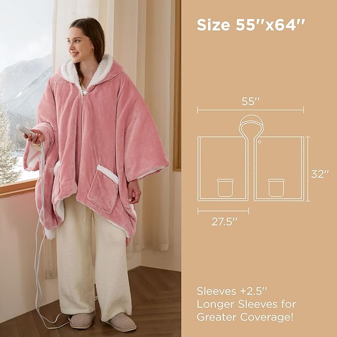Bedsure Heated Blanket Wearable Shawl - Electric Wrap Poncho Blanket Hoodie for Adult, Winter Gifts for Mom Women Girlfriend, Warm Sherpa Heating Throw, Auto Shut Off, 55x64 inches, Pink