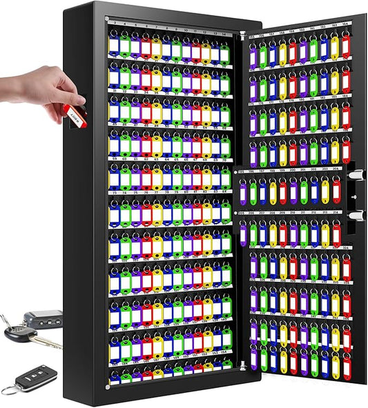 254 Keys Digital Key Lock Box Wall Mount with Code, Heavy Duty Anti-Theft Key Lock Box with Side Drop Slot and Colorful Key Tags for Car Garage House Rental Office