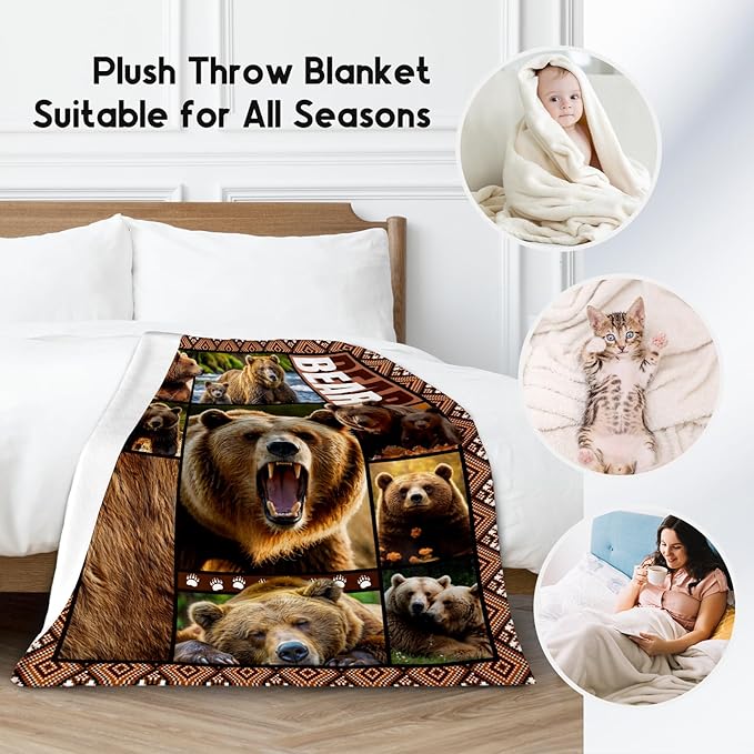 Blankets for Dad, Bear Blanket Gifts for Men Boys Adults, 30"x40" Forest Animal Throw Gift for Hunters - Soft, Fuzzy & Cozy Flannel Throws Wildlife Country Decor