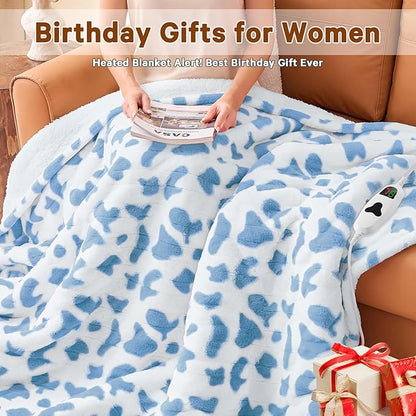 Cow Print Heated Electric Blanket Twin,62X84 Blue Heating Blanket with 10 Heats Levels & 8 Hours Auto Off,Cute Cow Decor Fleece Sherpa Blankets Warmer Gifts for Women Couch Office,Washable
