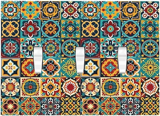 Decorative Switch Plates Mexican Talavera Colorful Mosaic Tiles 3 Gang Wall Plate Triple Toggle Light Switch Cover Faceplate Electrical Wall Panels For Bathroom Kitchen Decor
