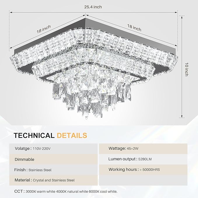 Elegant LED Crystal Raindrop Ceiling Light,18in Square Flush Mount Chandelier with Remote for Living Room Kitchen Island Bedroom Hallway Entryway Foyer (Dimmable)