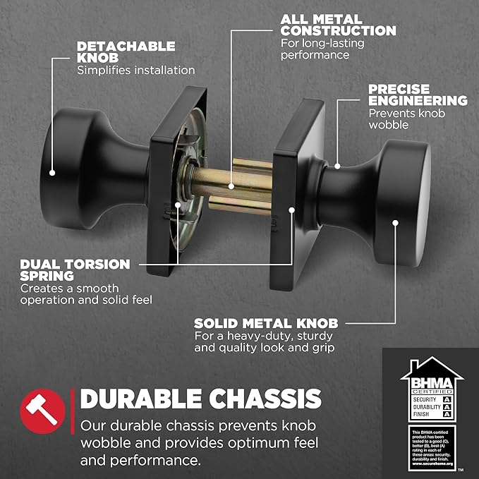Kwikset Pismo Interior Passage Door Knob, Handle for Closet and Hallway Doors, Non-Locking Doorknob in Matte Black, with Microban Protection, Square Rose (Pack of 4)
