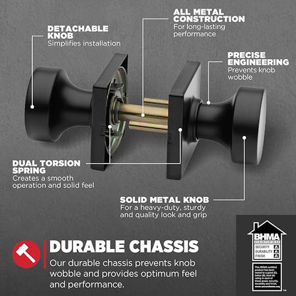Kwikset Pismo Interior Passage Door Knob, Handle for Closet and Hallway Doors, Non-Locking Doorknob in Matte Black, with Microban Protection, Square Rose (Pack of 4)