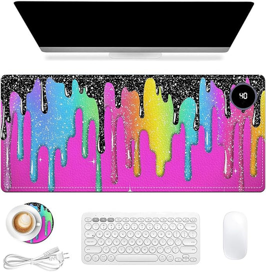 Heated Mouse Pad, Warm Desk Pad, Keyboard Mat 31.5 x 13 Inch Large Size Intelligent Fast Heating, 3 Speed Adjustable, Timed Auto Power Off for Game Office Home,Rainbow Ice Crea
