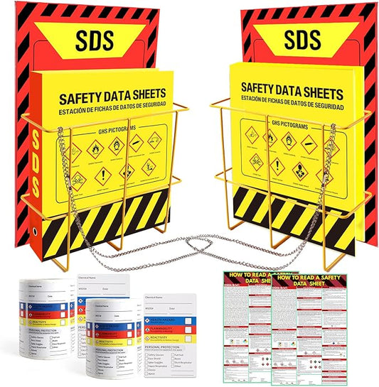 2 Pack MSDS SDS Binder and Wall Station,Yellow Heavy Duty 3 Inch Material Safety Data Sheet 3 Ring Binder with SDS Wire Rack and Display Sign,Chain,Safety Posters,MSDS Labels,Binder Wall Mount