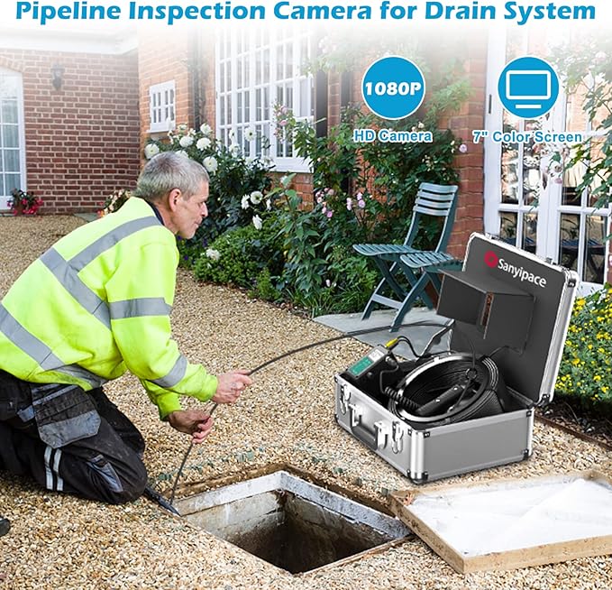 Sanyipace Sewer Scope Camera, 1080P FHD, 165FT/50M, 5X Zoom in, Remote Control, Sapphire Lens, Battery Level Display, Drain Inspection Camer with 12 Adjustable LED Lights, 7'' LCD Screen,16GB TF Card