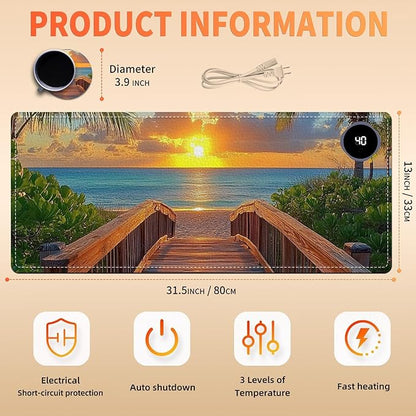 Heated Mouse Pad 31.5x13 in 3-Temp Fast Heating Desk Mat with Auto Timer Warmer for Hands Wrist Pain Relief Waterproof Keyboard Mat for Office, Gaming, Home, Sunset Beach Pathway