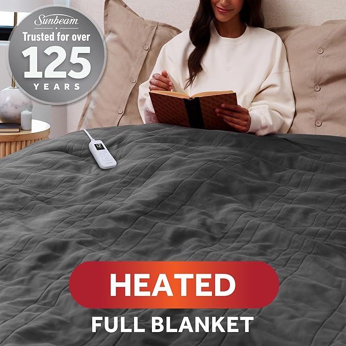 Sunbeam Royal Ultra Fleece Heated Electric Blanket Full Size, 84" x 72", 12 Heat Settings, 12-Hour Selectable Auto Shut-Off, Fast Heating, Machine Washable, Warm and Cozy, Iron