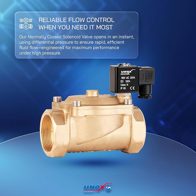 UNOX 1 1/2" NPT Solenoid Valve 110V AC, Brass Control Valve Normally Closed - 7-232 PSI Multi-Purpose Reliable Control Valve for Water, Air, and Gas - Solenoid Valves