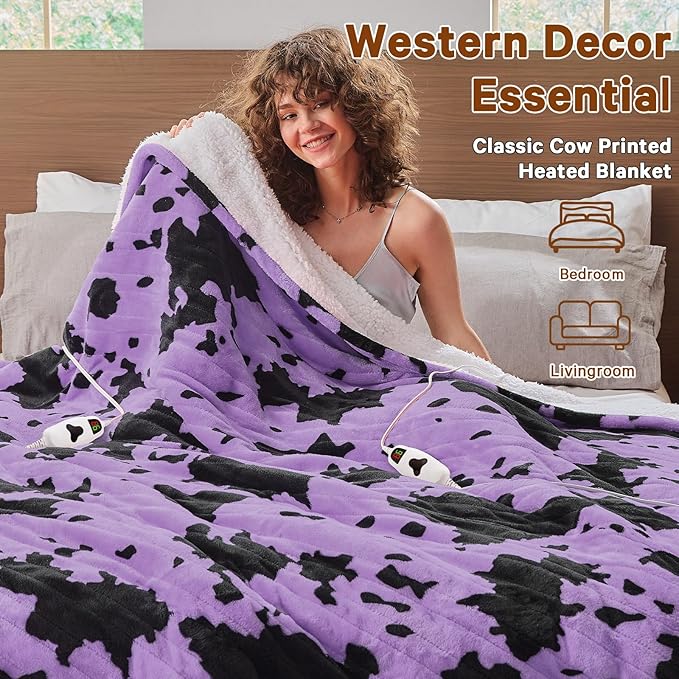 Purple Heated Electric Blanket Throw,50X60 Highland Cow Print Heating Blanket with 10 Heats Levels & 8 Hours Auto Off,Highland Cow Decor Fleece Sherpa Blankets Warmer Gifts for Women Adults Washable