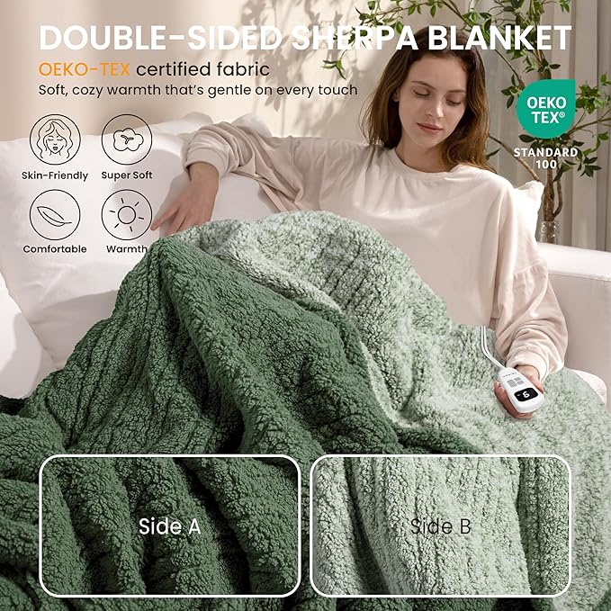 Heated Blanket Electric Blanket Queen - Fast Heating Blanket Throw Dual Control Double Sided Sherpa with 10 Heating Levels & 2-10 Hours Auto Off, Mashine Washable, 84 x 90 Inches, Sage&Green
