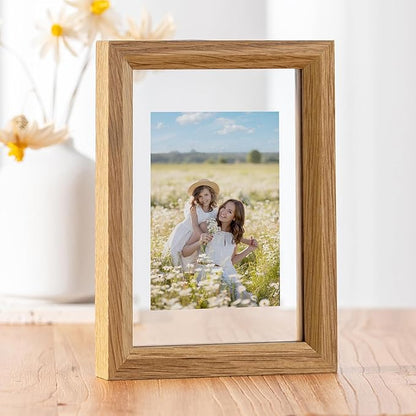 Axeman 4x6 Floating Picture Frame - Solid Oak Wood Picture Frame, Double Tempered Glass Photo Frame 2x3 3.5x5 4''x6'' Wood Frame, Wall Mount Or Tabletop Standing, Natural
