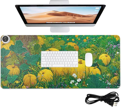 Heated Desk Pad Mouse Pad 31.5x13 Inch PU Leather Desk Mat with 3 Heat Levels Large Mouse Gaming Computer Laptop Mat Yellow Pumpkin Flower Tree