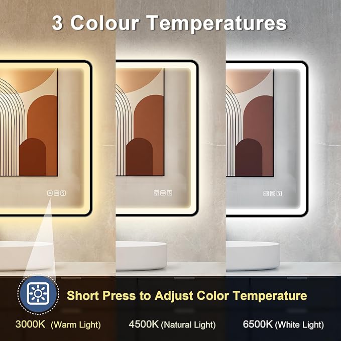 STARLEAD 28"x36" LED-Bathroom-Mirror-with-Lights, Wall-Mounted with Bluetooth, Anti-Fog, 3 Color Temperature Dimmable Brightness, Waterproof, Tempered Glass, Frontlit & Backlit, Black Frameless