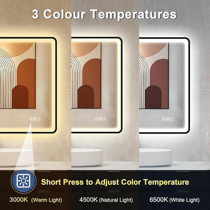 STARLEAD 40"x28" LED-Bathroom-Mirror-with-Lights, Wall-Mounted with Bluetooth, Anti-Fog, 3 Color Temperature Dimmable Brightness, Waterproof, Tempered Glass, Frontlit & Backlit, Black Frameless