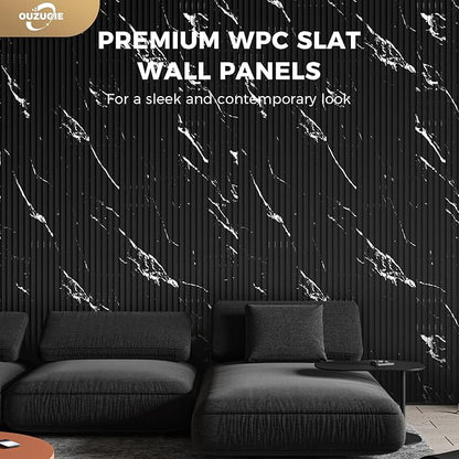 OUZUGIE WPC Acoustic Slat Wall Paneling, 8-Pack 114 x 6 Inches 3D Wall Panels for Interior Wall Decor,Living Room,TV Background,Study Room,Office Spaces,Bedroom,Low Grille (Black Marble-1)