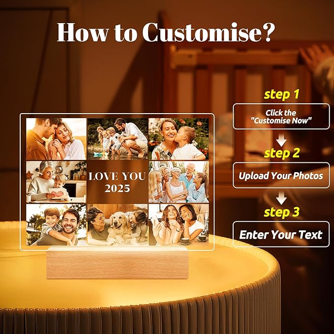 Custom Picture Frames with Photo, Customized Photo Frame with Night Light, Personalized Picture Frame, Personalized Christmas Birthday Gifts for Women Men Her Him Mom Dad Kids Baby Family Friends