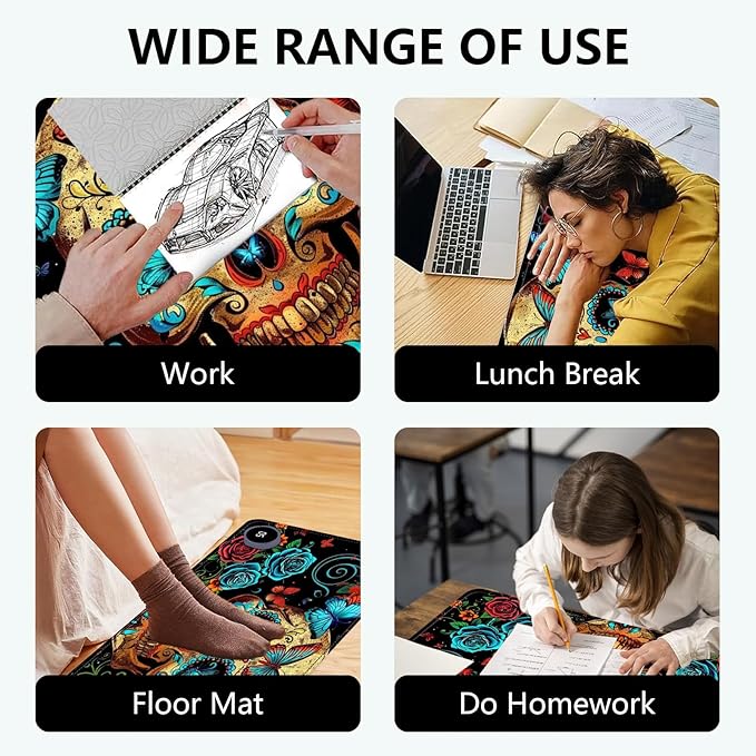 Heated Mouse Pad with 3 Levels Heated & 3 Hours Auto Shut-Off Mouse Pad for Warming Hands in Office Home, 31.5" x 13"Large Safe Desk Mat Hand Warmer，Skull Butterfly Blue Rose