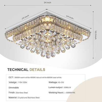 COCOSTAR 24 inch Crystal Flush Mount Chandelier Remote/APP, Modern Raindrop LED Ceiling Light, 3CCT Dimmable & Brightness Adjustable,Elegant Chandeliers for Bedroom Hallway Dinning Room Living Room