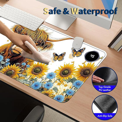 Heated Mouse Pad with 3 Temperature Settings(104°F–122°F),Large 31.5x13 Inch PU Leather Heated Desk Mat,Waterproof Warming Pad for Office,Gaming & Cold Hands Relief,Sunflower Cow