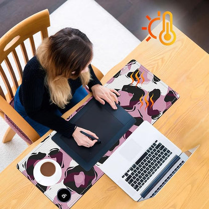 Heated Mouse Pad, Warm Desk Pad, Keyboard Mat 31.5 x 13 Inch Large Size Intelligent Fast Heating, 3 Speed Adjustable, Timed Auto Power Off for Game Office Home,Pink Leopard Print