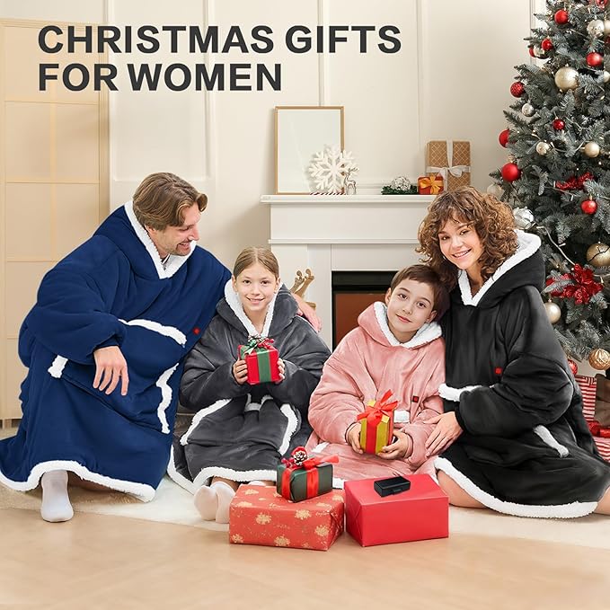 JOYWOO Wearable Heated Blanket Hoodie,Oversized Cordless Portable Heating Hooded Blanket Cat Lovers,Christmas Gifts for Women,Men,Cozy Sherpa Sweatshirt Electric Blankets Throw for Adult Outdoor,Navy