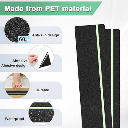 5-Pack Anti Slip Traction Tape 24" x 6" Best Grip Tape Grit with 12mm/0.47" Glow in Dark Stripe High Traction Friction Abrasive Adhesive for Indoor/Outdoor Stairs[Black+Green]