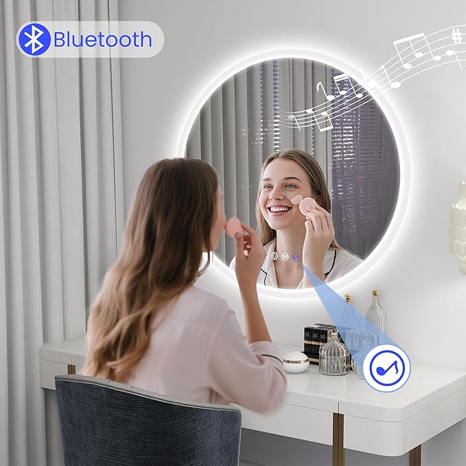STARLEAD 32" LED-Bathroom-Mirror-with-Lights, Wall-Mounted with Bluetooth Speaker, Anti-Fog, 3 Color Temperature, Dimmable Brightness, IP65 Waterproof, Tempered Glass, Frontlit & Backlit, Round