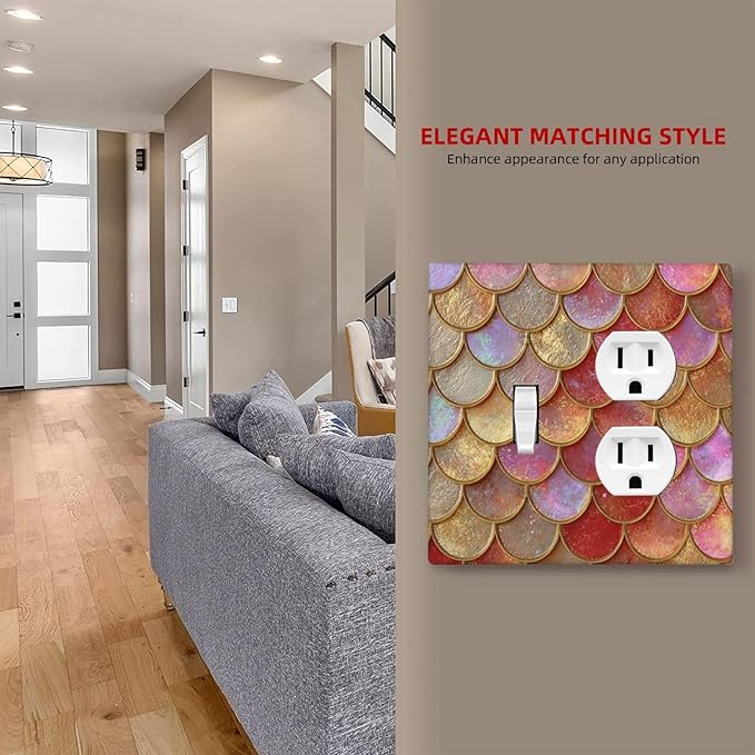 Mermaid Glitter Scale Rainbow Gold Fish Scales Wallplates 1 Toggle 1 Duplex Switch Plate Electrical GFCI Faceplate Decorative Light Switch Covers for Bed Room Home Decor