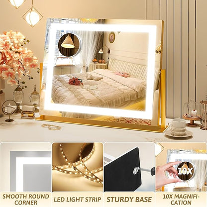 ROLOVE Vanity Mirror with Lights 22"x18", Lighted Makeup Mirror with 10X Magnification, Smart Touch 3 Colors Dimmable, 360° Rotation, Women Gift, Dresser Mount, Bathroom (Gold)
