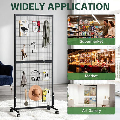 3 Pack Grid Wall Panel Rack, 3x6 Ft Metal Gridwall Display Stand with T-Base Wheels, Heavy-Duty Mobile Freestanding Racks with 20 Grid Hooks, for Retail Store, Craft Show, Boutique, Black