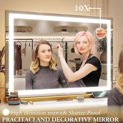 ROLOVE Vanity Mirror with Lights, 32" x 22" Large Lighted Vanity Mirror with Dimmable 3 Modes, LED Makeup Mirror, 10X Magnification, USB Charging Port, Tabletop or Wall-Mounted Square Gold