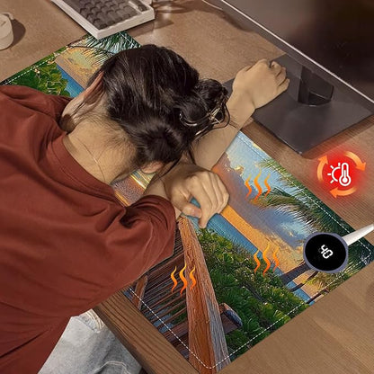 Heated Mouse Pad 23.6 x 14 in 3-Temp Fast Heating Desk Mat with Auto Timer Warmer for Hands Wrist Pain Relief Waterproof Keyboard Mat for Office, Gaming, Home, Sunset Beach Pathway
