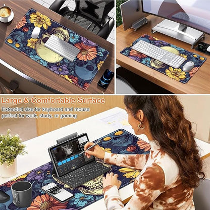 Small Heated Desk Pad 23.6" x 14.2" – Compact Electric Mouse Pad with 3 Heating Levels, Auto Shut-Off, Waterproof PU Surface, Plug-in Warmer for Office or Home Use, Floral Skull