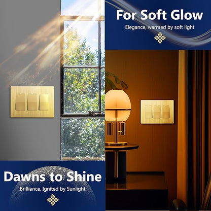 LIDER Brushed Finish Decorator Switch Cover, Screwless Wall Plate, Mid-Size 3-Gang 4.88" x 6.77", Unbreakable Polycarbonate Thermoplastic, UL Listed, LSWP-33M-BGD, Brushed Gold