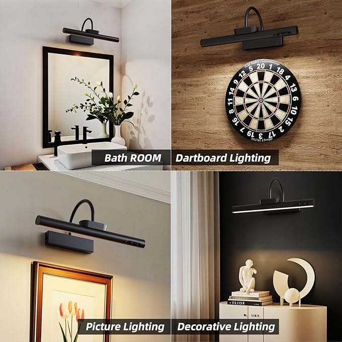 13.8inch Battery Operated Wireless Picture Light，Remote Control Painting Display Lights, Rechargeable Wall Lights with Three Modes and Power Display for Art Frame (13.8in Black-2set)