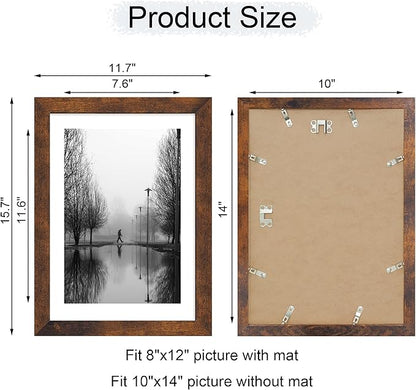 iRahmen 10x14 Picture Frame Set of 4 with Tempered Glass, Rustic Frame Display 8x12 Pictures with Mat or 10 x 14 Without Mat, Wooden Photo Frames for Wall Mounting