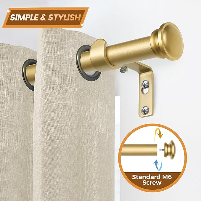 TONIAL Curtain Rod 32 to 58 Inch, Telescoping Splicing 3/4 Drapery Rods for Windows Decorative Single Rod with Small Cap End, Antique Gold