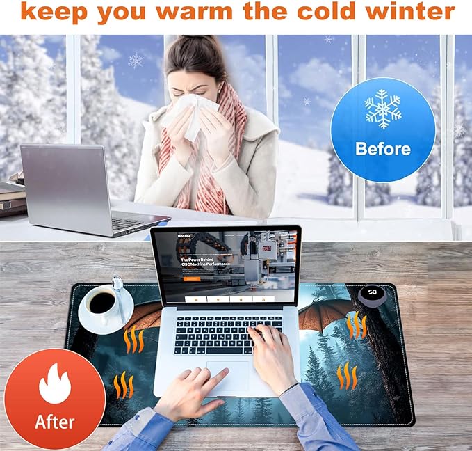 Heated Mouse Pad for Desk 31.5" x 13" – PU Leather Warm Desk Pad with 3 Heat Levels (104°F/113°F/122°F), Plug-in Electric Heating Mat with Auto Shut-Off, Waterproof & Rollable, Flying Dragon