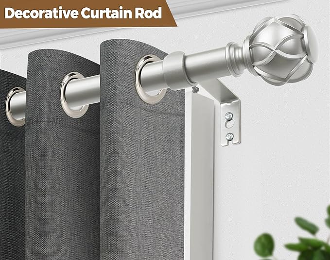 KAMANINA 1 Inch Extra Long Curtain Rod 140 to 195 Inches Silver Heavy Duty Curtain Rods for Windows 120 to 170 Inch, Adjustable Drapery Rods with Netted Texture Finials
